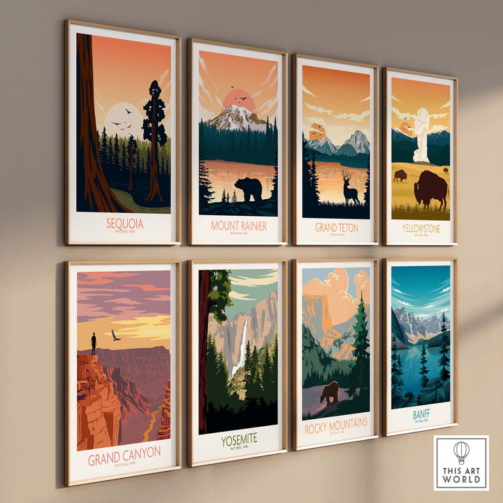 Gallery of vintage national park posters including Sequoia, Mount Rainier, and Yosemite in minimalist style.