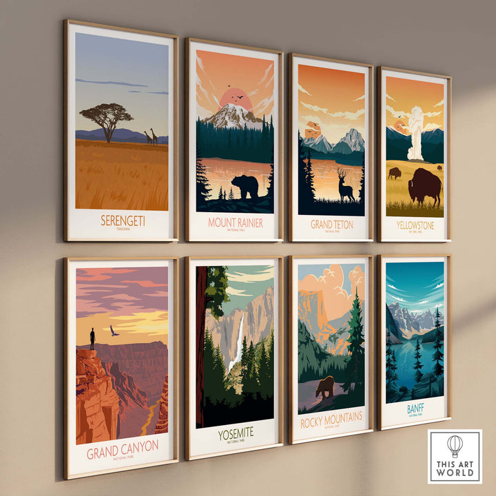 Collection of vintage travel posters including Serengeti, Mount Rainier, and Grand Canyon artworks.