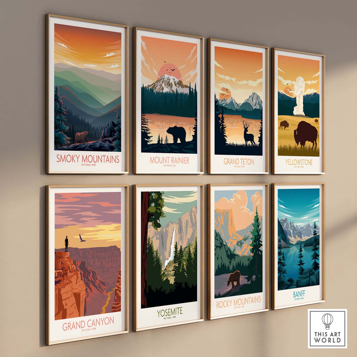 Collection of vintage national park posters featuring Smoky Mountains, Grand Canyon, and more.