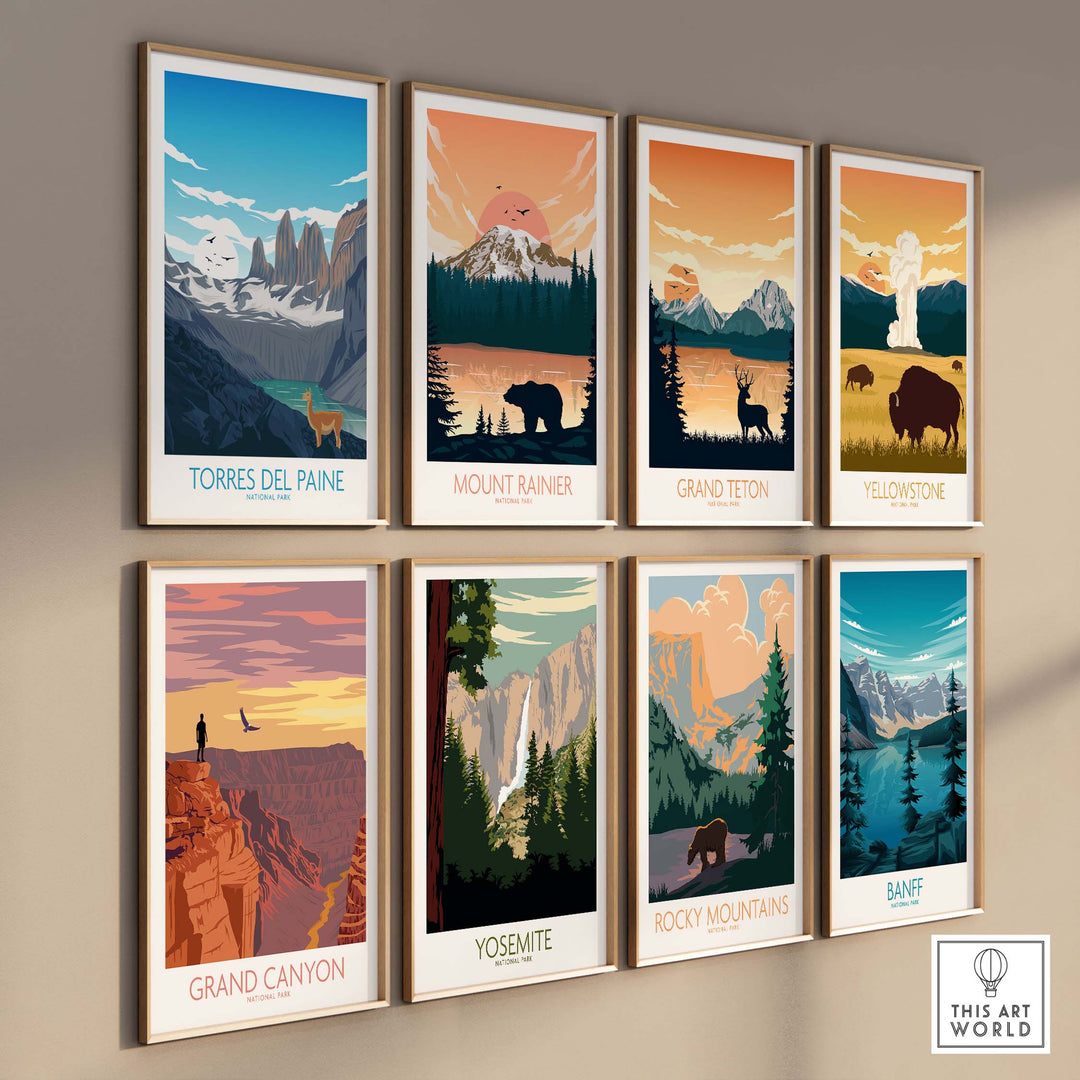 Gallery of vintage travel posters featuring Torres del Paine, Mount Rainier, Grand Teton, Yellowstone, Grand Canyon, Yosemite, Rocky Mountains, and Banff.