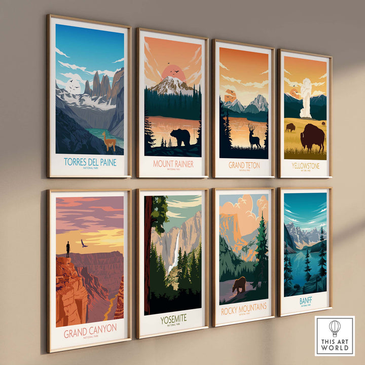 Gallery of vintage travel posters featuring Torres del Paine, Mount Rainier, Grand Teton, Yellowstone, Grand Canyon, Yosemite, Rocky Mountains, and Banff.