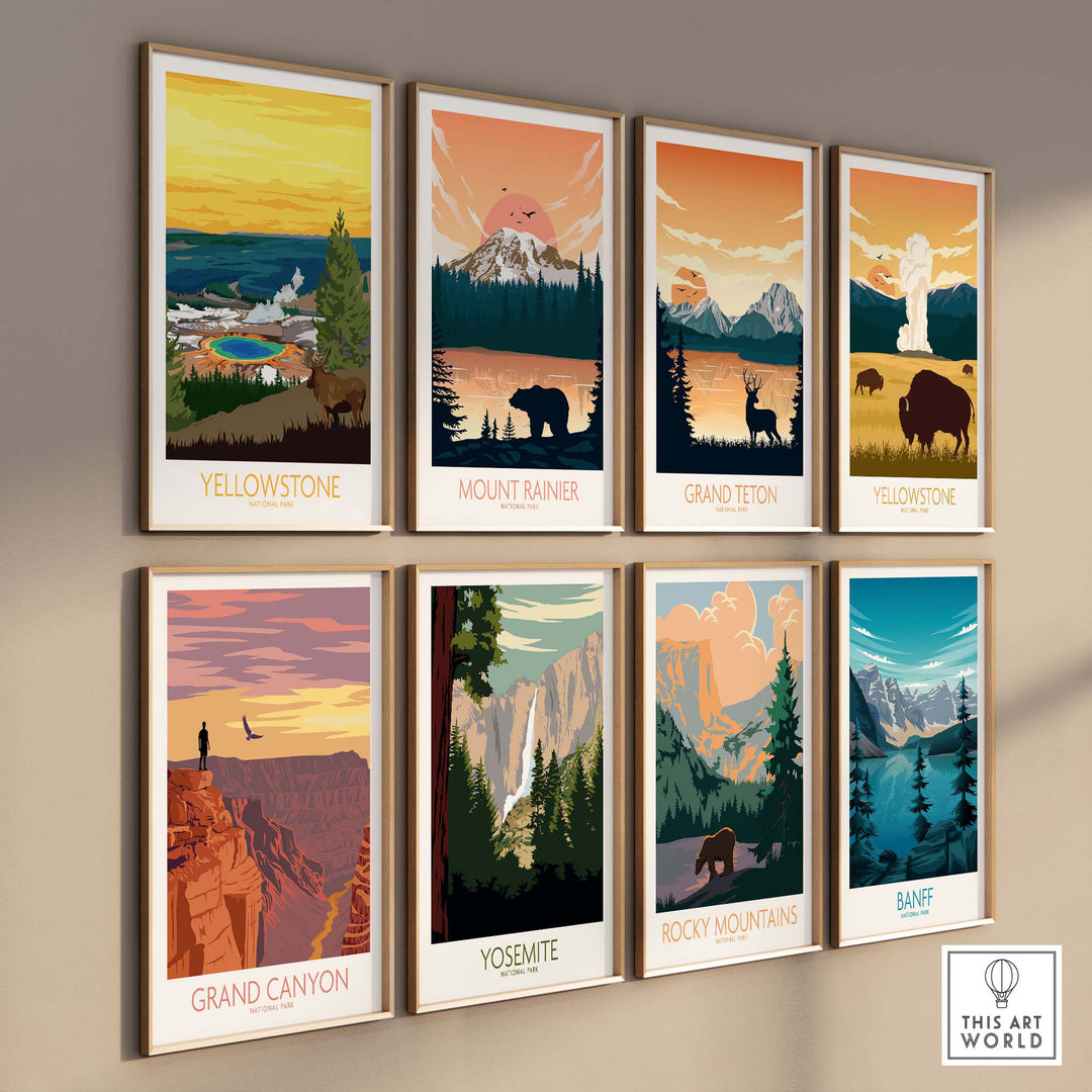 Collection of vintage National Park posters including Yellowstone, Yosemite, and Grand Canyon, showcasing nature's beauty.