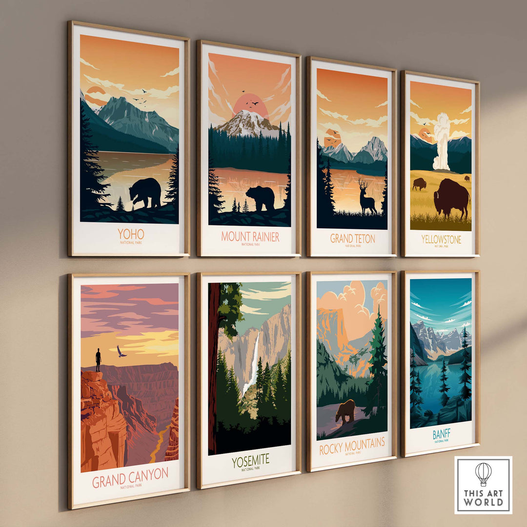 Gallery of National Park art prints including Yoho, Mount Rainier, and Grand Canyon in minimalist style.