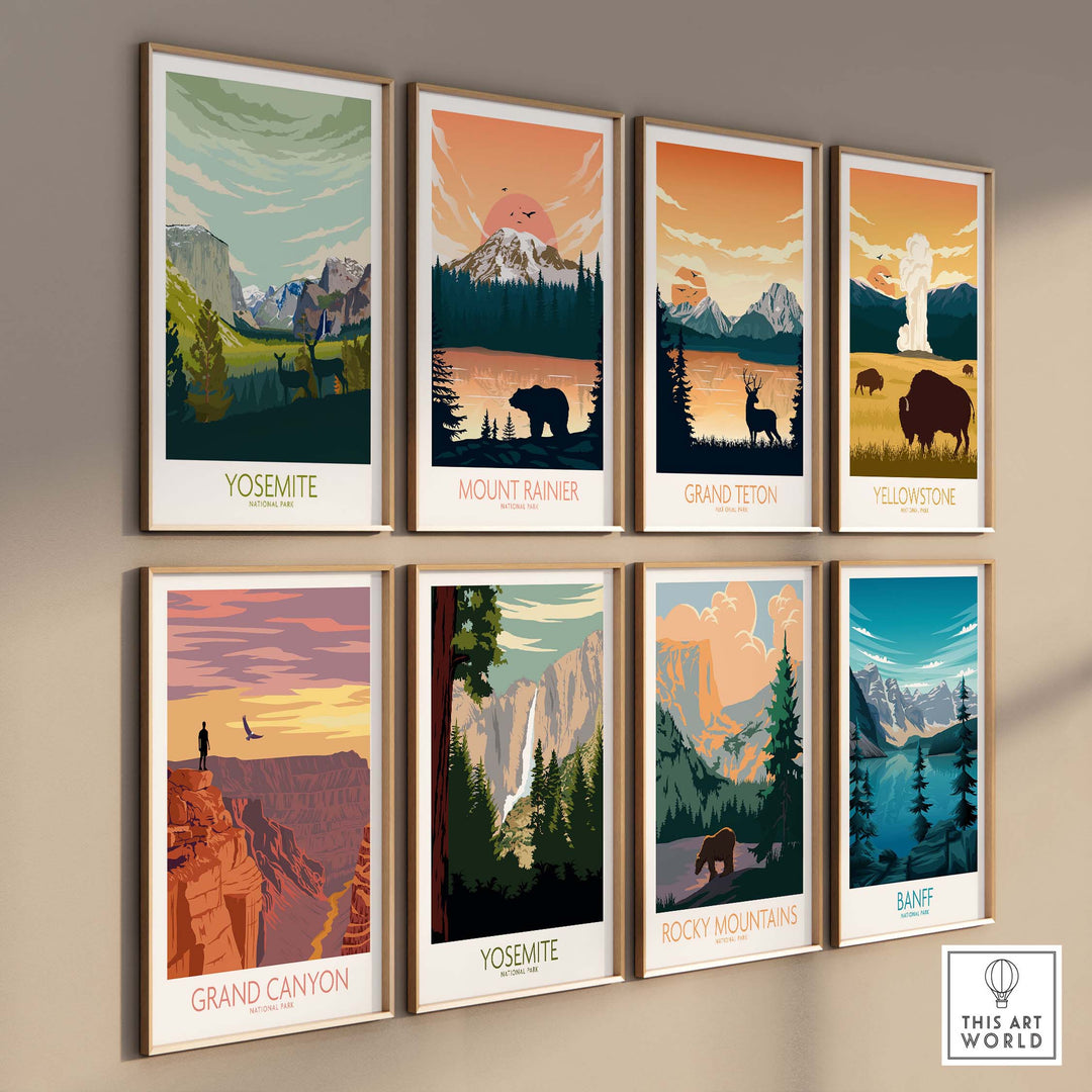 Collection of vintage-style national park posters featuring Yosemite, Grand Canyon, Mount Rainier, and more.