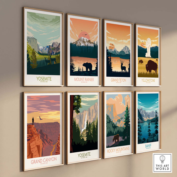 Collection of vintage-style national park posters featuring Yosemite, Grand Canyon, Mount Rainier, and more.