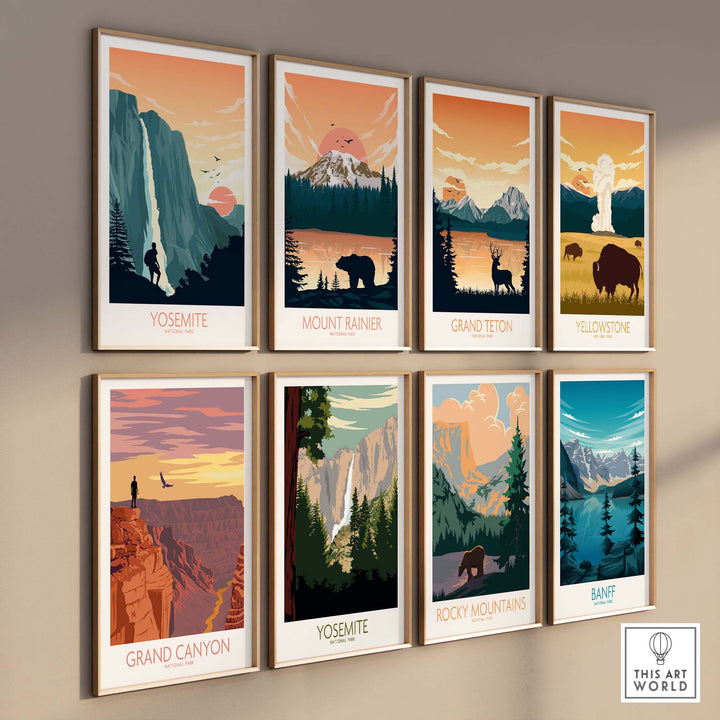 Collection of vintage-style national park posters including Yosemite, Grand Canyon, and Yellowstone on a wall.