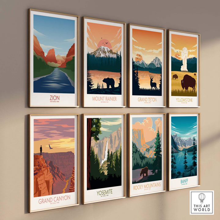 Zion National Park art print alongside other national park posters in a minimalist style, displayed in frames.