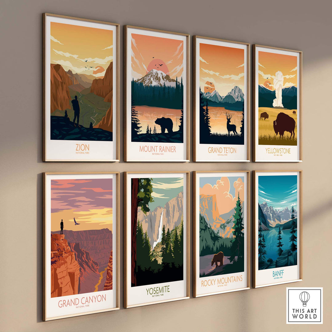 Collection of framed National Park posters including Zion, Grand Canyon, and Yosemite showcasing nature's beauty.