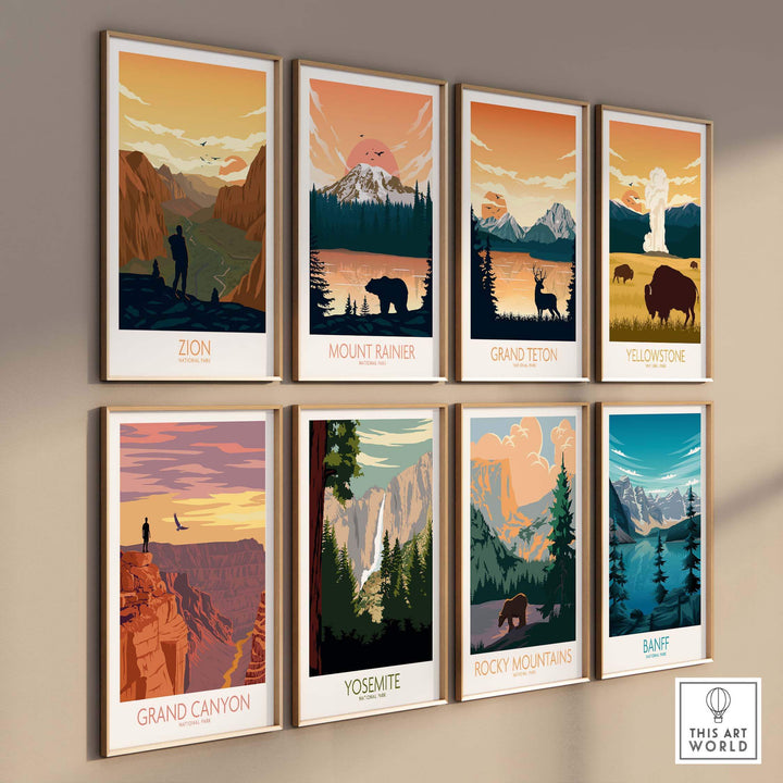 Collection of framed National Park posters including Zion, Grand Canyon, and Yosemite showcasing nature's beauty.