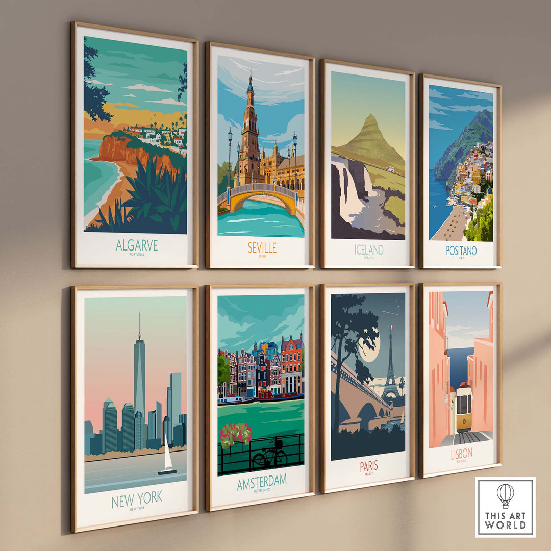 Collection of vintage travel posters featuring Algarve, Seville, Iceland, Positano, New York, Amsterdam, Paris, and Lisbon.
