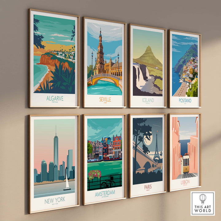 Collection of vintage travel posters featuring Algarve, Seville, Iceland, Positano, New York, Amsterdam, Paris, and Lisbon.