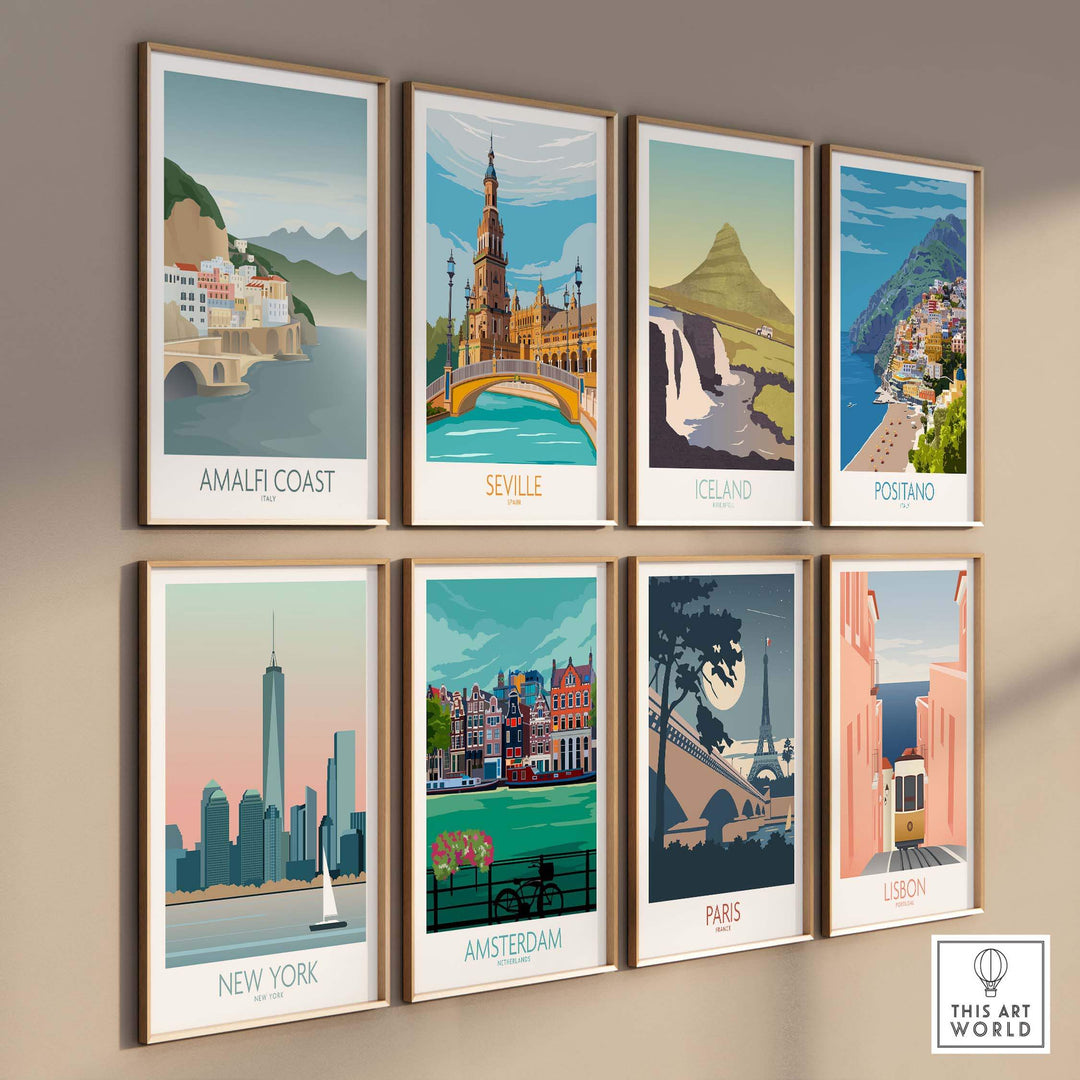 Collection of minimalist vintage travel posters featuring Amalfi Coast, Seville, Iceland, Positano, New York, Amsterdam, Paris, and Lisbon.