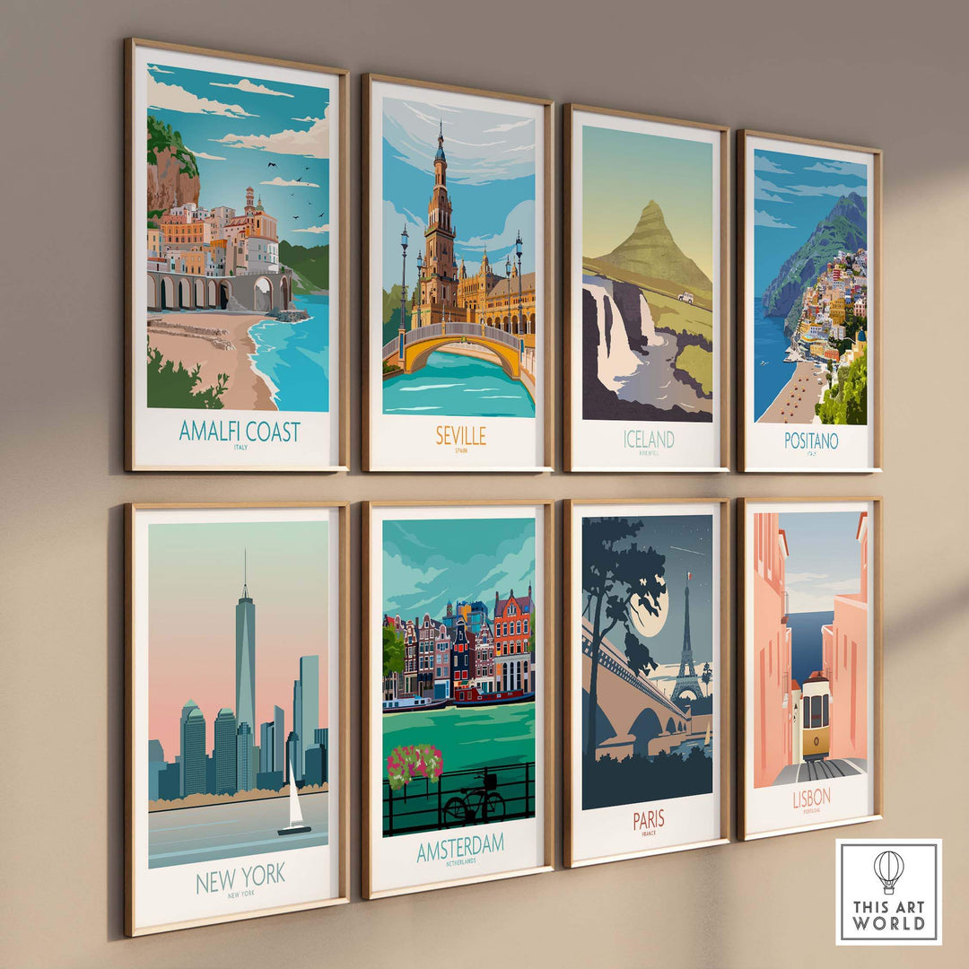 Amalfi Coast poster among vintage travel art prints featuring famous cities like Seville, Iceland, and Paris.