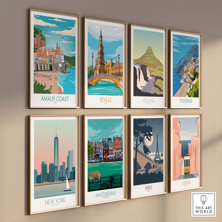 Amalfi Coast poster among vintage travel art prints featuring famous cities like Seville, Iceland, and Paris.