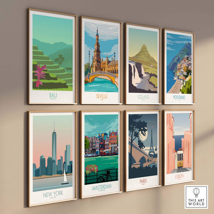 Collection of vintage-style wall art travel posters featuring Bali, Seville, Iceland, Positano, New York, Amsterdam, Paris, and Lisbon.