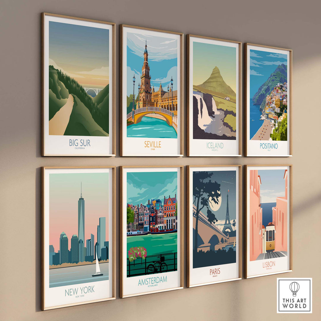 Gallery of travel art prints featuring Big Sur, Seville, Iceland, Positano, New York, Amsterdam, Paris, and Lisbon.