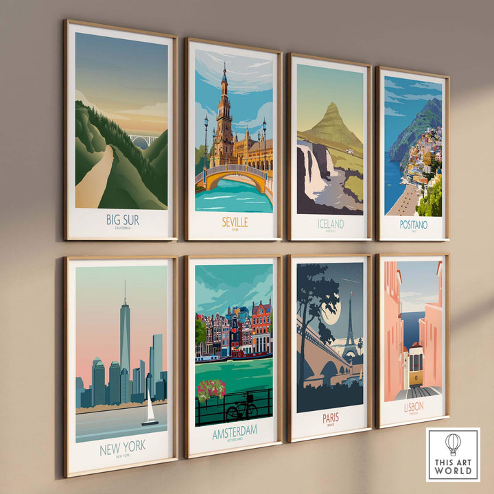 Gallery of travel art prints featuring Big Sur, Seville, Iceland, Positano, New York, Amsterdam, Paris, and Lisbon.