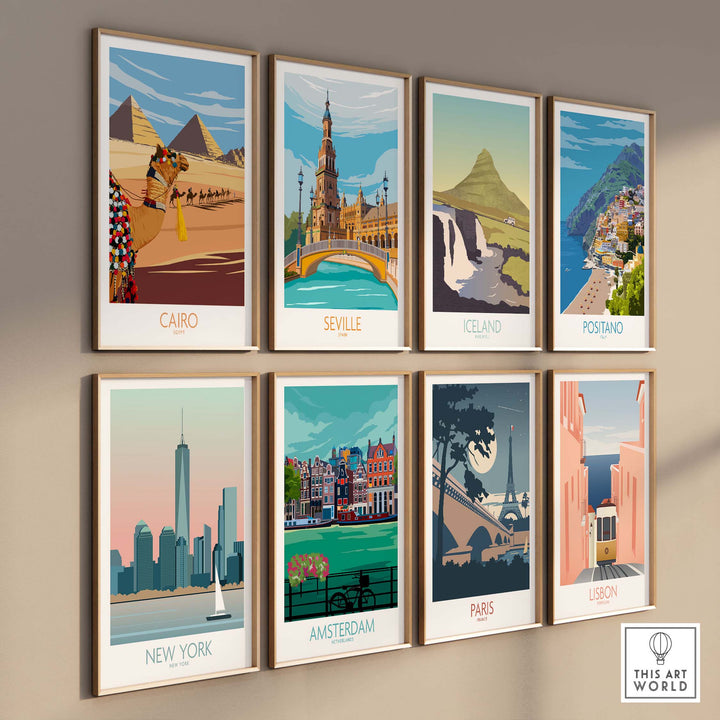 Collection of vintage-inspired travel posters including Cairo, Seville, Iceland, Positano, New York, Amsterdam, Paris, Lisbon.