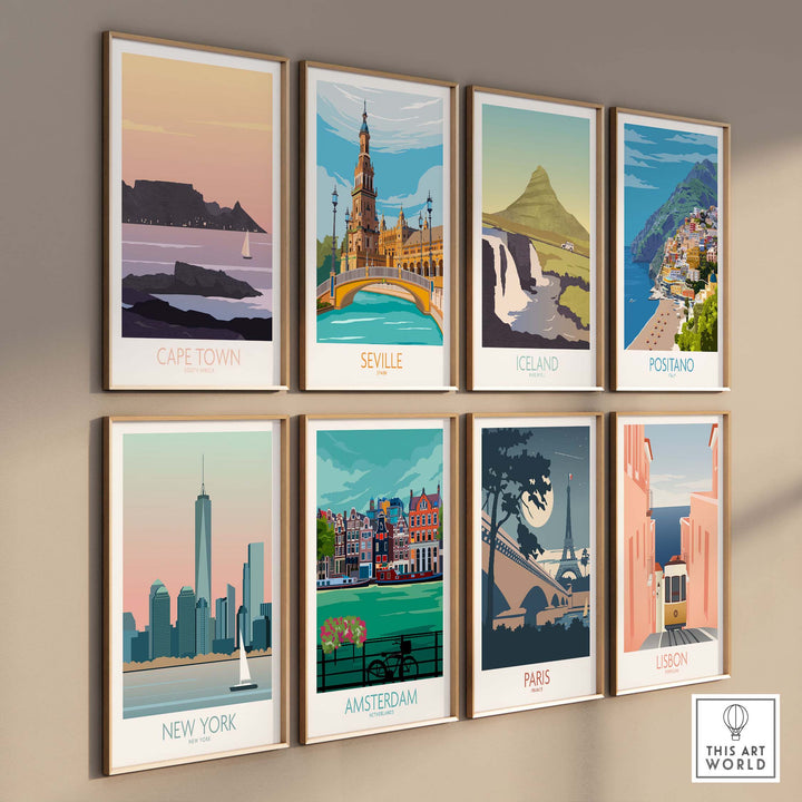 Art print collection featuring Cape Town, Seville, Iceland, Positano, New York, Amsterdam, Paris, and Lisbon.