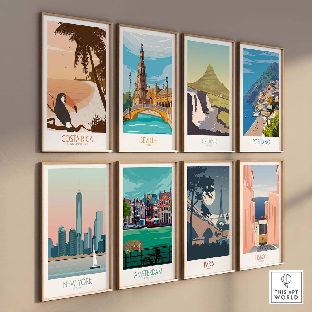 Colorful vintage-style travel posters featuring Costa Rica, Seville, Iceland, Positano, New York, Amsterdam, Paris, and Lisbon.