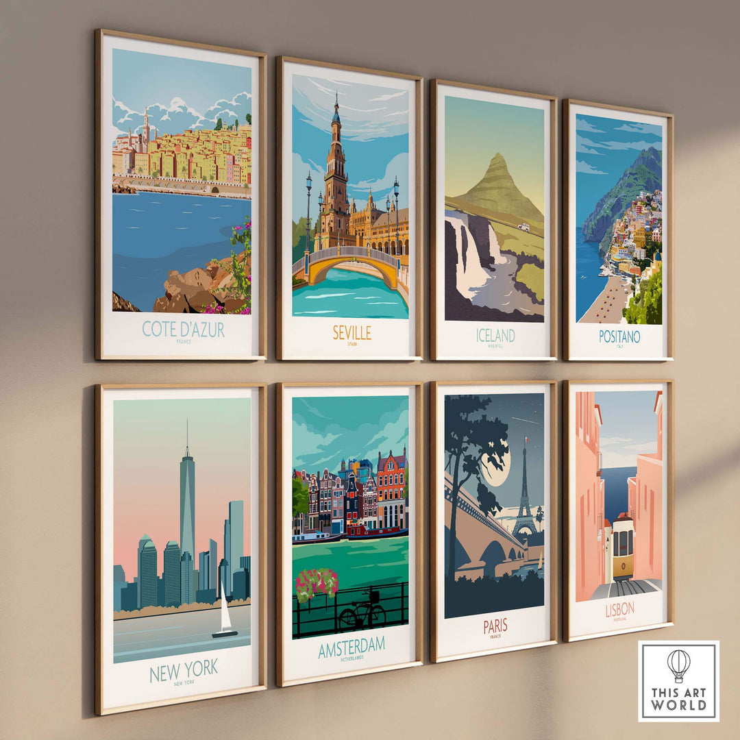 Cote d'Azur Print Poster collection showcasing travel art prints from iconic destinations like New York and Paris.