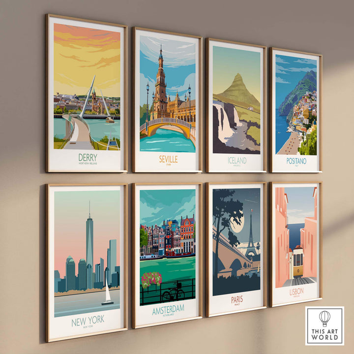 Collection of travel art prints including Derry, Seville, Iceland, and more, showcasing vintage-inspired styles.