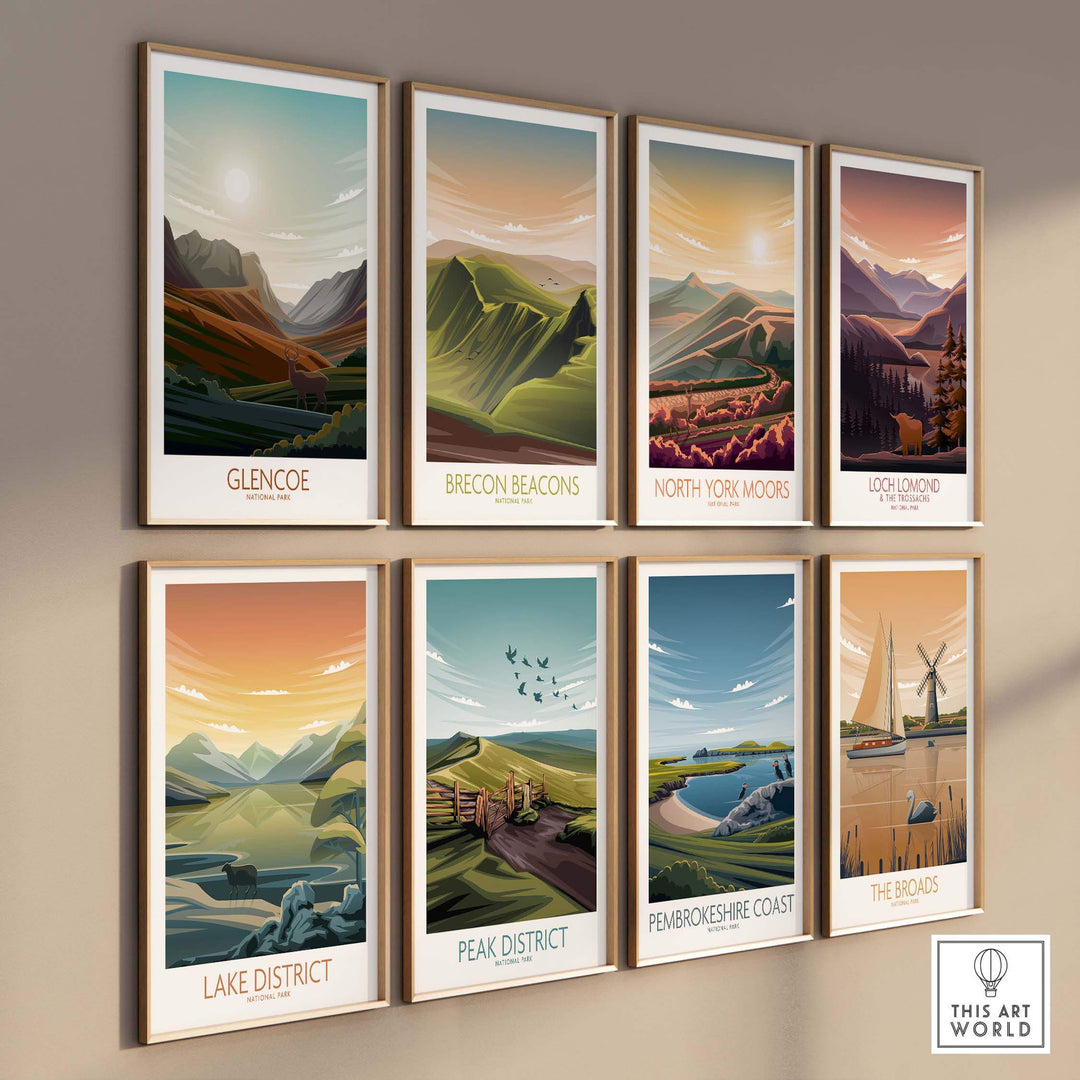 Gallery of UK National Park posters featuring Glencoe, Brecon Beacons, Lake District, and more in modern art style.
