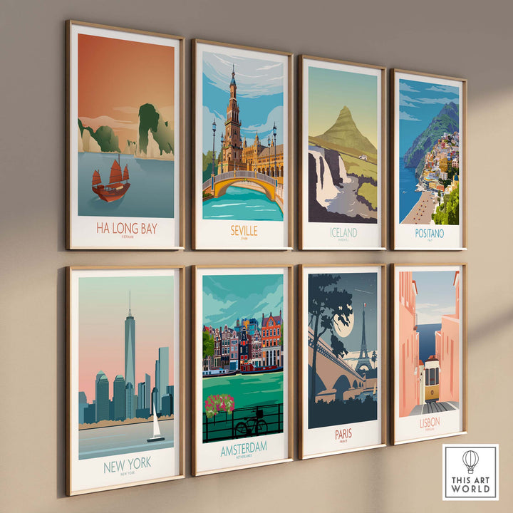 Gallery of vintage travel art prints including Ha Long Bay, Seville, Iceland, New York, and more.