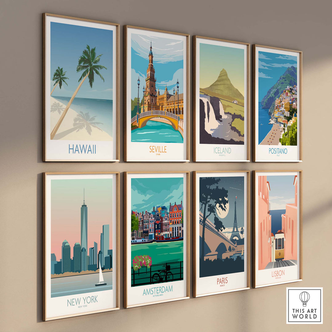 Collection of vintage travel posters featuring Hawaii, Seville, Iceland, Positano, New York, Amsterdam, Paris, and Lisbon.