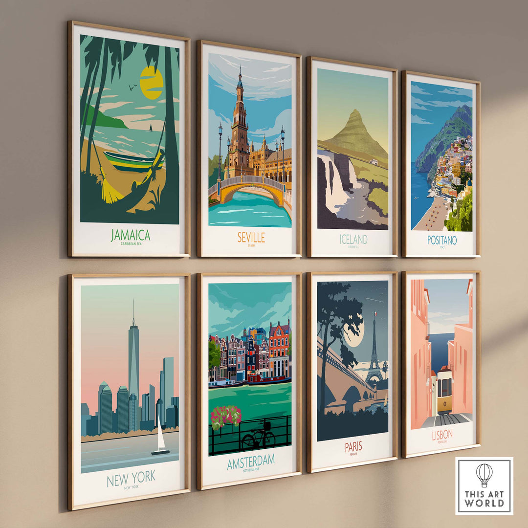 Collection of retro travel posters featuring Jamaica, Seville, Iceland, Positano, New York, Amsterdam, Paris, and Lisbon.