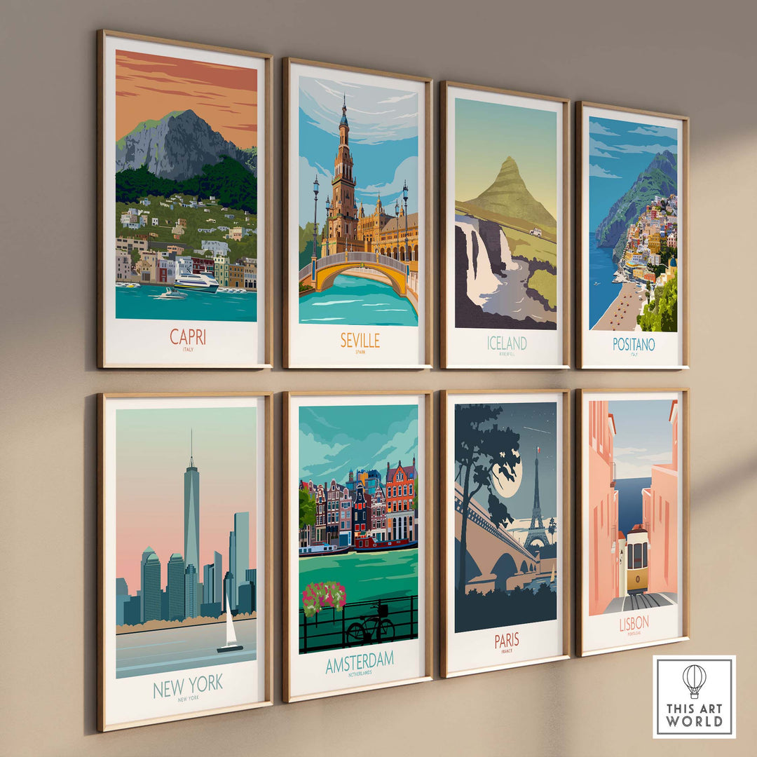 A collection of minimalist travel posters featuring destinations like Capri, Seville, and Paris, displayed in stylish frames.
