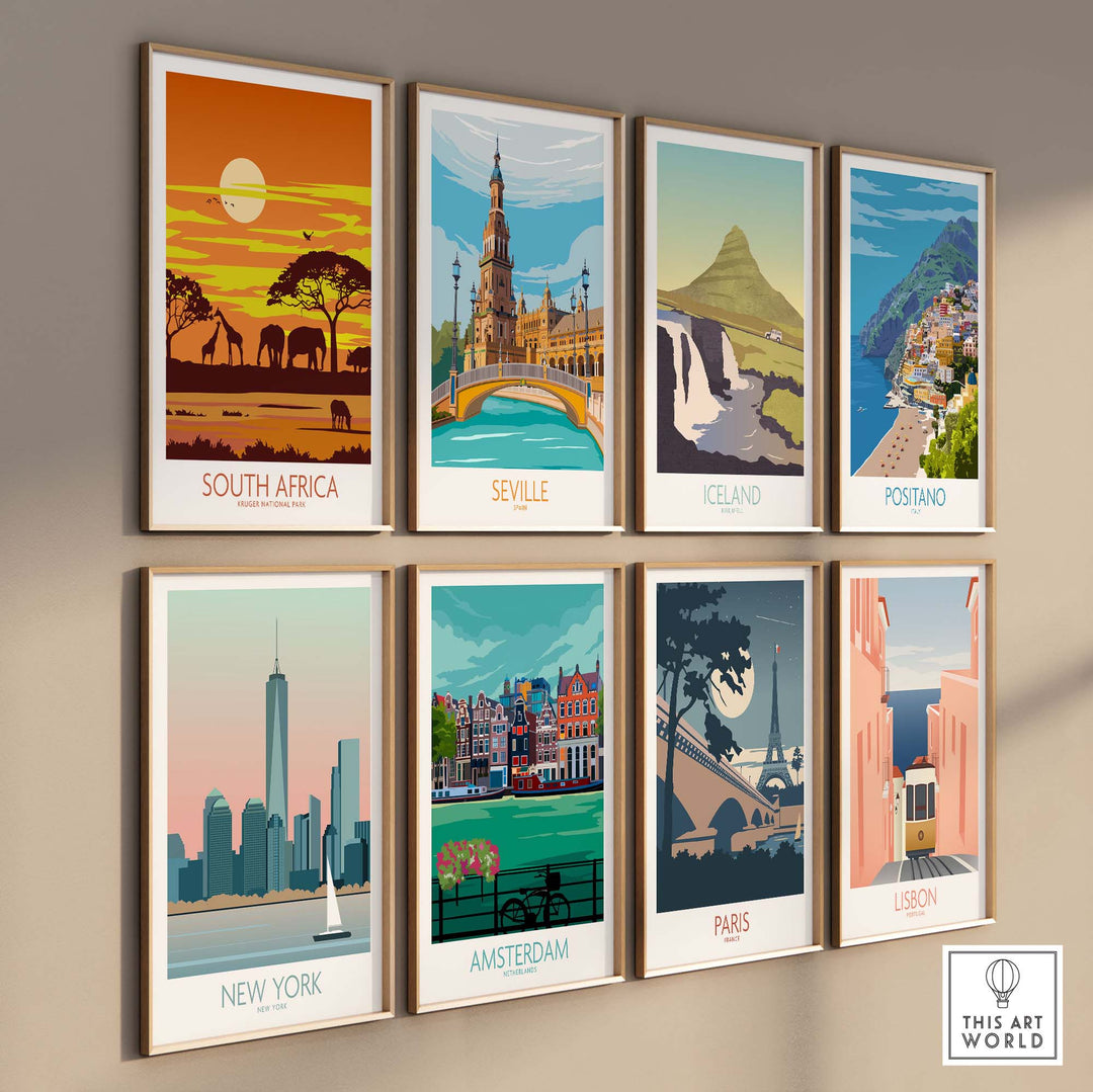 Collection of vintage travel poster prints featuring South Africa, Seville, Iceland, Positano, New York, Amsterdam, Paris, and Lisbon.