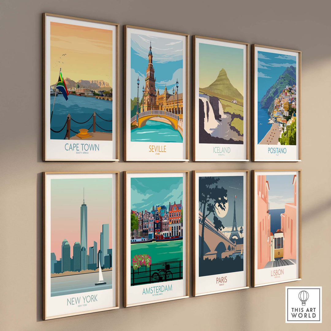 Cape Town print and vintage travel posters displayed in a stylish gallery wall arrangement.
