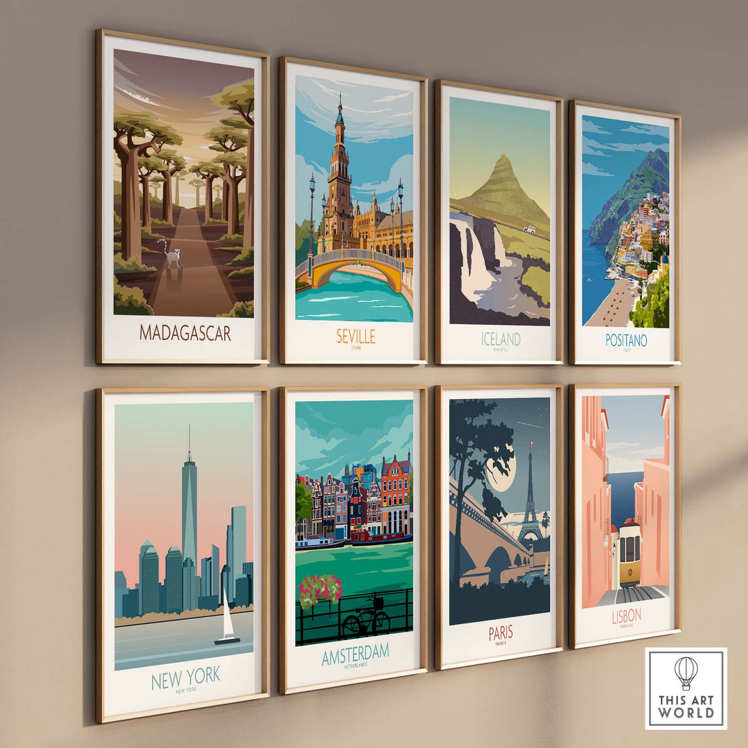 Colorful vintage travel posters featuring Madagascar, Seville, Iceland, and more, displayed in a stylish wall arrangement.