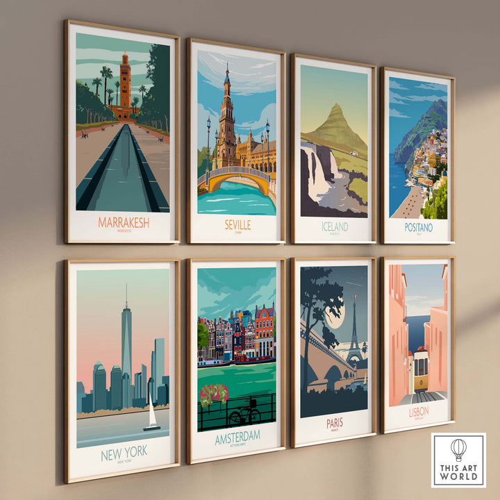 Collection of vintage travel posters featuring Marrakesh, Seville, Iceland, Positano, New York, Amsterdam, Paris, and Lisbon.