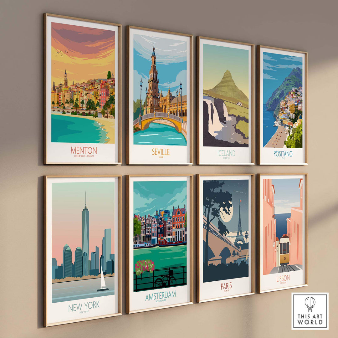 Collection of vintage travel poster prints featuring Menton, Seville, Iceland, Positano, New York, Amsterdam, Paris, and Lisbon.