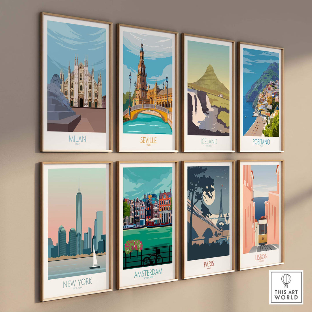 Collection of vintage travel posters featuring Milan, Seville, Iceland, Postano, New York, Amsterdam, Paris, and Lisbon.