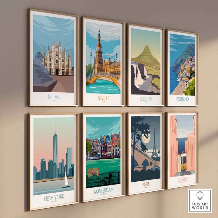 Collection of vintage travel posters featuring Milan, Seville, Iceland, Postano, New York, Amsterdam, Paris, and Lisbon.