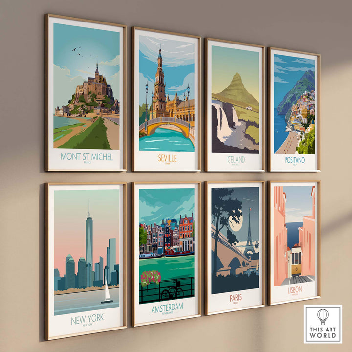 Mont Saint Michel travel art print collection featuring iconic city landscapes and vintage poster style.