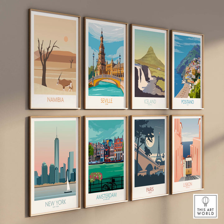 Collection of vintage travel poster prints including Namibia, Seville, Iceland, and more, showcasing vibrant art designs.