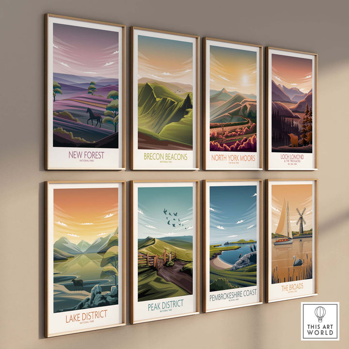 Gallery of National Park posters including New Forest, Lake District, and Brecon Beacons in modern minimalist style.