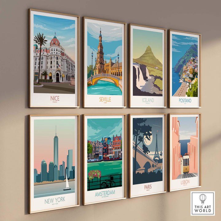 A collection of vintage travel prints featuring cities like Nice, Seville, and Paris, showcasing art for wanderlust.