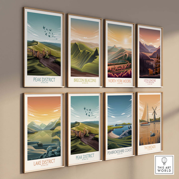 Gallery of vintage-style National Park posters featuring the Peak District, Brecon Beacons, and more.