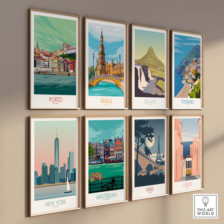 Gallery of vintage travel posters featuring Porto, Seville, Iceland, Positano, New York, Amsterdam, Paris, and Lisbon.