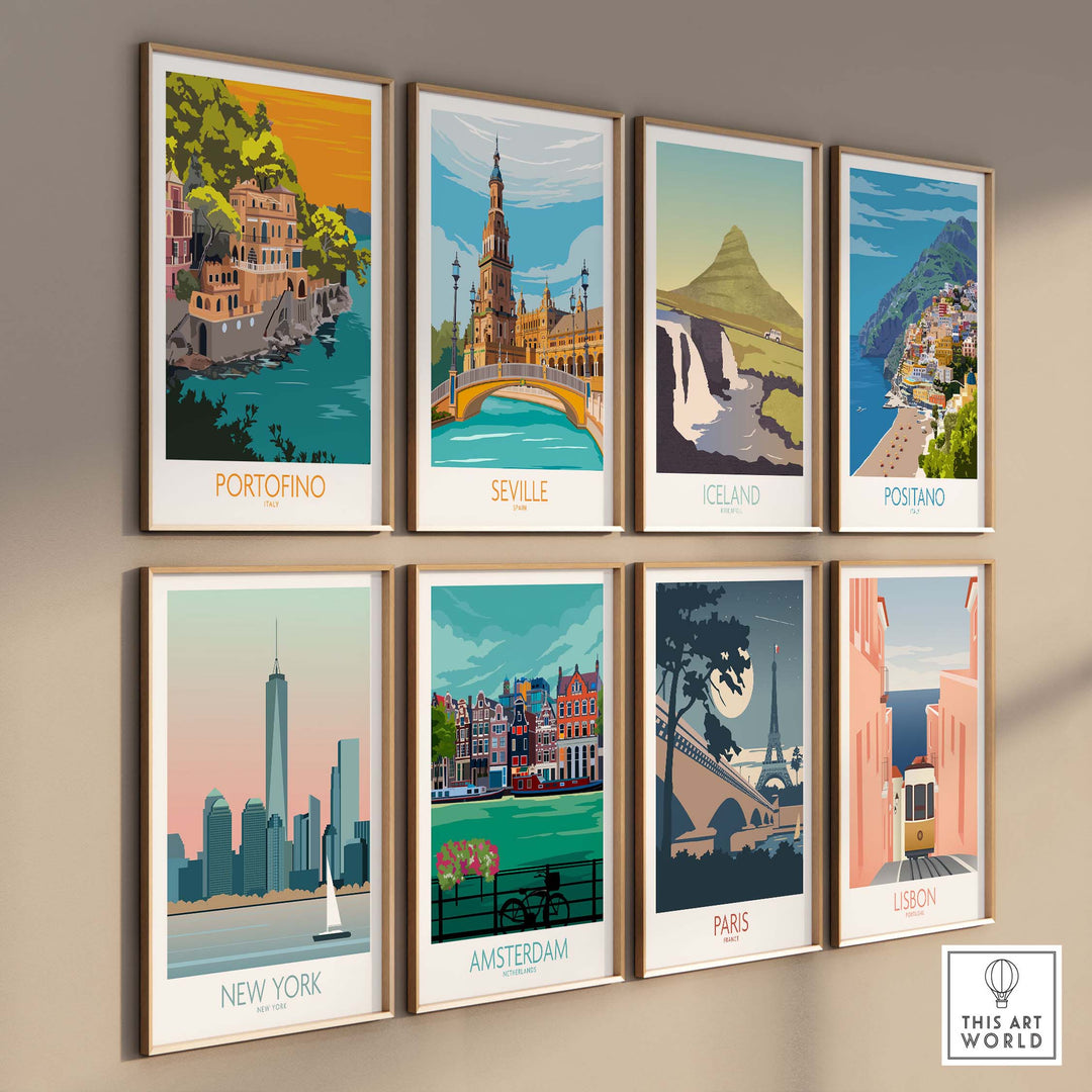 Collection of travel posters including Portofino, Seville, Iceland, Positano, New York, Amsterdam, Paris, and Lisbon.