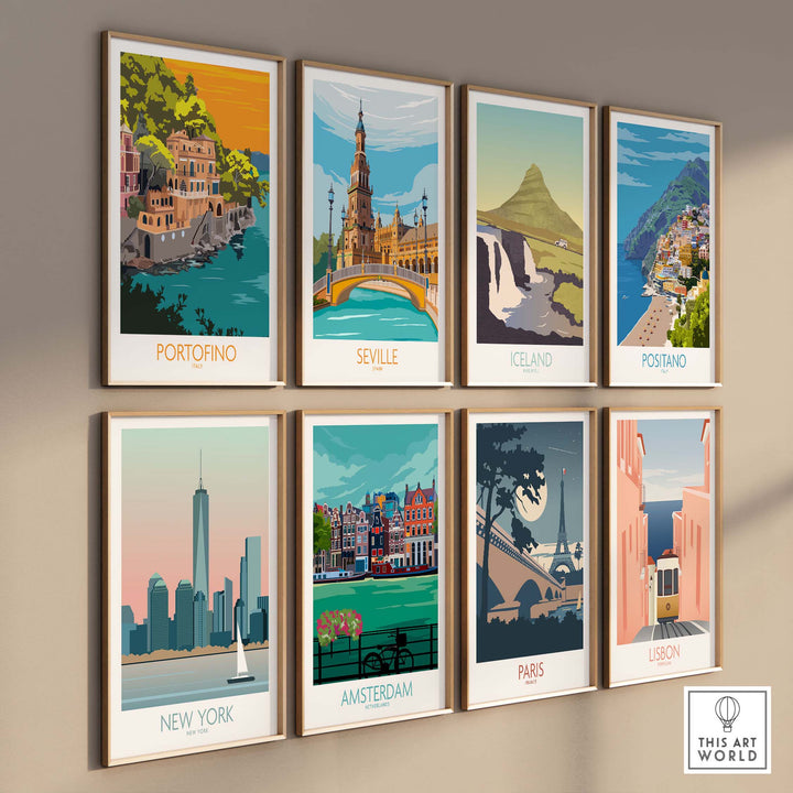 Collection of travel posters including Portofino, Seville, Iceland, Positano, New York, Amsterdam, Paris, and Lisbon.