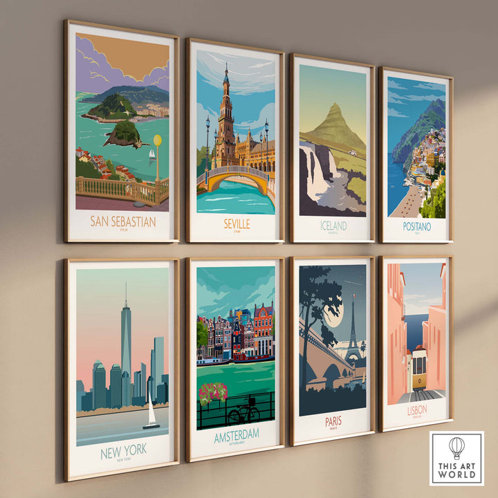 Collection of vintage travel posters including San Sebastian, Seville, Iceland, Positano, New York, Amsterdam, Paris, and Lisbon.