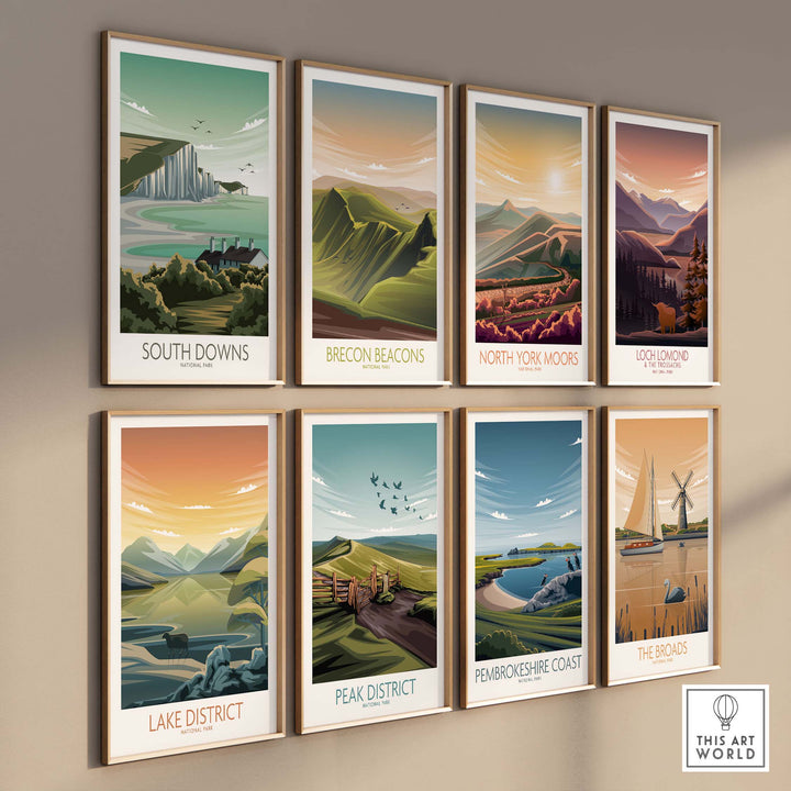 Collection of vintage-style national park posters, including The Broads and others, displayed on a modern wall.