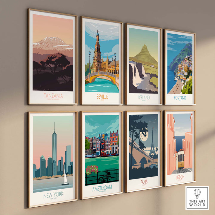 Collection of vintage travel posters including Kilimanjaro, Seville, Iceland, New York, and more.
