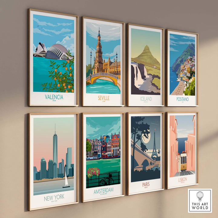 Collection of vintage-style travel posters featuring Valencia, Seville, Iceland, Positano, New York, Amsterdam, Paris, and Lisbon.